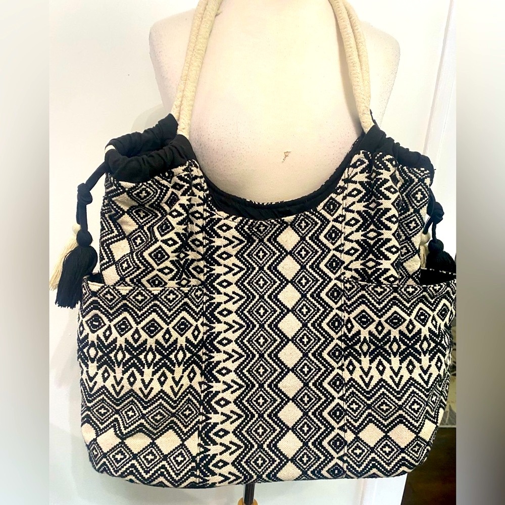 Black and Cream Patterned Tote Bag with Side Pockets